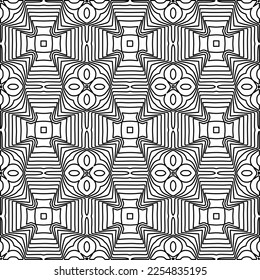 Stylish texture with figures from lines.
Abstract geometric black and white pattern for web page, textures, card, poster, fabric, textile. Monochrome graphic repeating design. 
