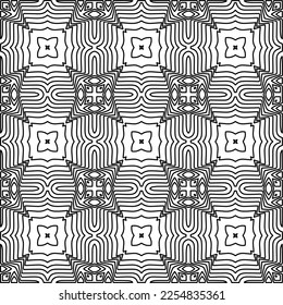 Stylish texture with figures from lines.
Abstract geometric black and white pattern for web page, textures, card, poster, fabric, textile. Monochrome graphic repeating design. 

