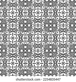 Stylish texture with figures from lines.
Abstract geometric black and white pattern for web page, textures, card, poster, fabric, textile. Monochrome graphic repeating design. 
