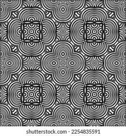 Stylish texture with figures from lines.
Abstract geometric black and white pattern for web page, textures, card, poster, fabric, textile. Monochrome graphic repeating design. 

