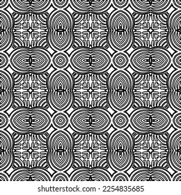 Stylish texture with figures from lines.
Abstract geometric black and white pattern for web page, textures, card, poster, fabric, textile. Monochrome graphic repeating design. 
