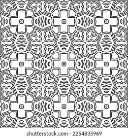 Stylish texture with figures from lines.
Abstract geometric black and white pattern for web page, textures, card, poster, fabric, textile. Monochrome graphic repeating design. 
