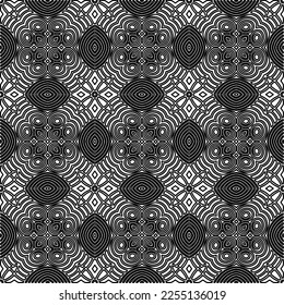 Stylish texture with figures from lines.
Abstract geometric black and white pattern for web page, textures, card, poster, fabric, textile. Monochrome graphic repeating design. 
