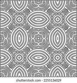 Stylish texture with figures from lines.
Abstract geometric black and white pattern for web page, textures, card, poster, fabric, textile. Monochrome graphic repeating design. 
