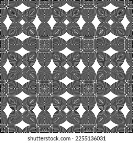 Stylish texture with figures from lines.
Abstract geometric black and white pattern for web page, textures, card, poster, fabric, textile. Monochrome graphic repeating design. 
