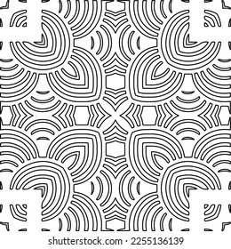 Stylish texture with figures from lines.
Abstract geometric black and white pattern for web page, textures, card, poster, fabric, textile. Monochrome graphic repeating design. 
