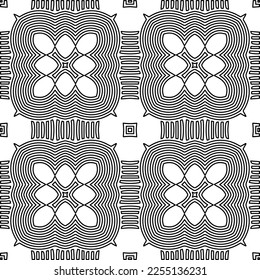 Stylish texture with figures from lines.
Abstract geometric black and white pattern for web page, textures, card, poster, fabric, textile. Monochrome graphic repeating design. 
