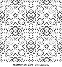 Stilvolle Textur mit Figuren aus Linien.
Abstraktes geometrisches Schwarz-Weiß-Muster für Webseiten, Texturen, Karten, Plakate, Gewebe, Textilien. Monochrome grafische Wiederholungsdesign. 