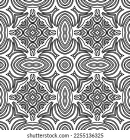 Stylish texture with figures from lines.
Abstract geometric black and white pattern for web page, textures, card, poster, fabric, textile. Monochrome graphic repeating design. 
