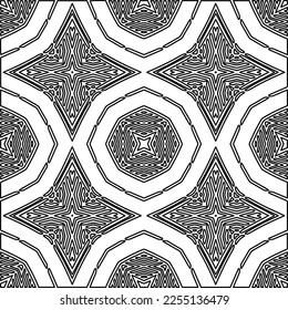 Stylish texture with figures from lines.
Abstract geometric black and white pattern for web page, textures, card, poster, fabric, textile. Monochrome graphic repeating design. 