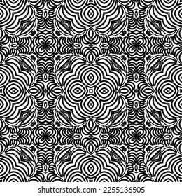 Stylish texture with figures from lines.
Abstract geometric black and white pattern for web page, textures, card, poster, fabric, textile. Monochrome graphic repeating design. 
