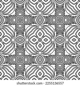 Stylish texture with figures from lines.
Abstract geometric black and white pattern for web page, textures, card, poster, fabric, textile. Monochrome graphic repeating design. 
