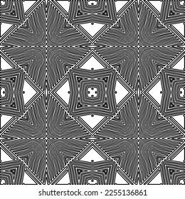 Stylish texture with figures from lines.
Abstract geometric black and white pattern for web page, textures, card, poster, fabric, textile. Monochrome graphic repeating design. 