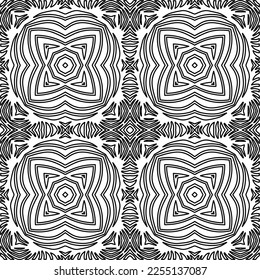 Stylish texture with figures from lines.
Abstract geometric black and white pattern for web page, textures, card, poster, fabric, textile. Monochrome graphic repeating design. 

