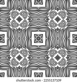 Stylish texture with figures from lines.
Abstract geometric black and white pattern for web page, textures, card, poster, fabric, textile. Monochrome graphic repeating design. 
