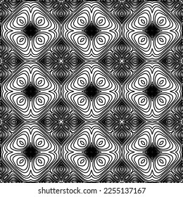 Stylish texture with figures from lines.
Abstract geometric black and white pattern for web page, textures, card, poster, fabric, textile. Monochrome graphic repeating design. 