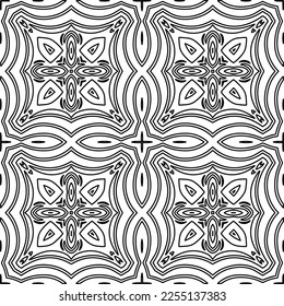 Stylish texture with figures from lines.
Abstract geometric black and white pattern for web page, textures, card, poster, fabric, textile. Monochrome graphic repeating design. 
