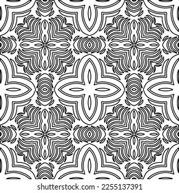 Stylish texture with figures from lines.
Abstract geometric black and white pattern for web page, textures, card, poster, fabric, textile. Monochrome graphic repeating design. 
