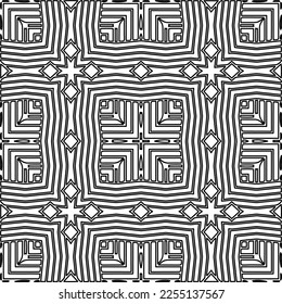 Stylish texture with figures from lines.
Abstract geometric black and white pattern for web page, textures, card, poster, fabric, textile. Monochrome graphic repeating design. 