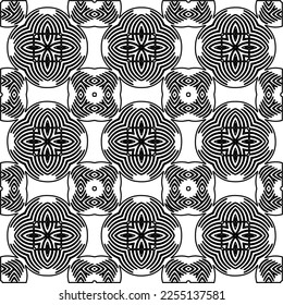 Stylish texture with figures from lines.
Abstract geometric black and white pattern for web page, textures, card, poster, fabric, textile. Monochrome graphic repeating design. 
