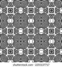 Stylish texture with figures from lines.
Abstract geometric black and white pattern for web page, textures, card, poster, fabric, textile. Monochrome graphic repeating design. 
