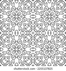 Stylish texture with figures from lines.
Abstract geometric black and white pattern for web page, textures, card, poster, fabric, textile. Monochrome graphic repeating design.
