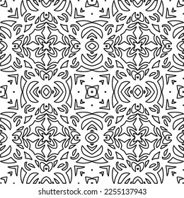 Stylish texture with figures from lines.
Abstract geometric black and white pattern for web page, textures, card, poster, fabric, textile. Monochrome graphic repeating design. 