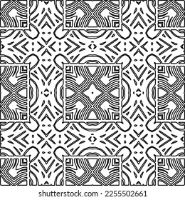 Stilvolle Textur mit Figuren aus Linien.
Abstraktes geometrisches Schwarz-Weiß-Muster für Webseiten, Texturen, Karten, Plakate, Gewebe, Textilien. Monochrome grafische Wiederholungsdesign. 