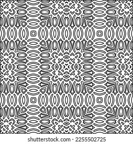 Stilvolle Textur mit Figuren aus Linien.
Abstraktes geometrisches Schwarz-Weiß-Muster für Webseiten, Texturen, Karten, Plakate, Gewebe, Textilien. Monochrome grafische Wiederholungsdesign. 