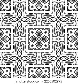 Stilvolle Textur mit Figuren aus Linien.
Abstraktes geometrisches Schwarz-Weiß-Muster für Webseiten, Texturen, Karten, Plakate, Gewebe, Textilien. Monochrome grafische Wiederholungsdesign. 
