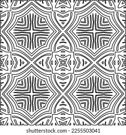 Stylish texture with figures from lines.
Abstract geometric black and white pattern for web page, textures, card, poster, fabric, textile. Monochrome graphic repeating design. 