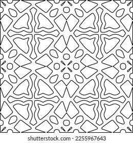 Stilvolle Textur mit Figuren aus Linien.
Abstraktes geometrisches Schwarz-Weiß-Muster für Webseiten, Texturen, Karten, Plakate, Gewebe, Textilien. Monochrome grafische Wiederholungsdesign. 
