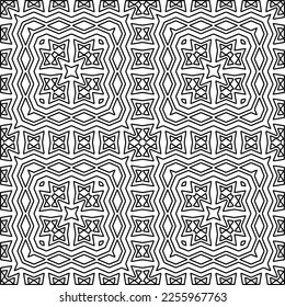 Stylish texture with figures from lines.
Abstract geometric black and white pattern for web page, textures, card, poster, fabric, textile. Monochrome graphic repeating design. 