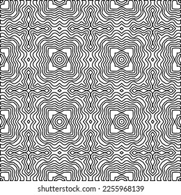 Stylish texture with figures from lines.
Abstract geometric black and white pattern for web page, textures, card, poster, fabric, textile. Monochrome graphic repeating design. 