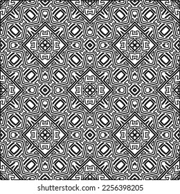Stylish texture with figures from lines.
Abstract geometric black and white pattern for web page, textures, card, poster, fabric, textile. Monochrome graphic repeating design. 