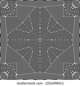 Stylish texture with figures from lines.
Abstract geometric black and white pattern for web page, textures, card, poster, fabric, textile. Monochrome graphic repeating design. 
