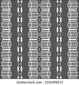 Stilvolle Textur mit Figuren aus Linien.
Abstraktes geometrisches Schwarz-Weiß-Muster für Webseiten, Texturen, Karten, Plakate, Gewebe, Textilien. Monochrome grafische Wiederholungsdesign. 