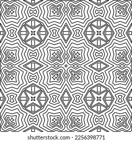 Stylish texture with figures from lines.
Abstract geometric black and white pattern for web page, textures, card, poster, fabric, textile. Monochrome graphic repeating design. 