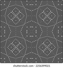Stylish texture with figures from lines.
Abstract geometric black and white pattern for web page, textures, card, poster, fabric, textile. Monochrome graphic repeating design. 