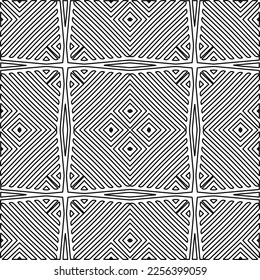 Stylish texture with figures from lines.
Abstract geometric black and white pattern for web page, textures, card, poster, fabric, textile. Monochrome graphic repeating design. 