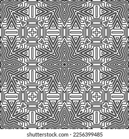 Stylish texture with figures from lines.
Abstract geometric black and white pattern for web page, textures, card, poster, fabric, textile. Monochrome graphic repeating design. 