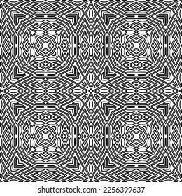 Stilvolle Textur mit Figuren aus Linien.
Abstraktes geometrisches Schwarz-Weiß-Muster für Webseiten, Texturen, Karten, Plakate, Gewebe, Textilien. Monochrome grafische Wiederholungsdesign. 