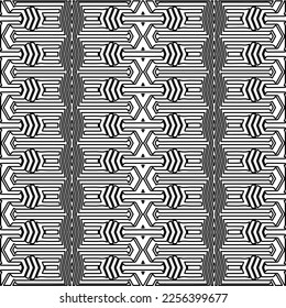 Textura elegante con figuras de líneas.
Resumen de patrones geométricos en blanco y negro para página web, texturas, tarjeta, afiche, tela, textil. Diseño repetitivo gráfico monocromo. 