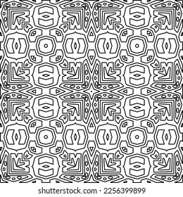 Stilvolle Textur mit Figuren aus Linien.
Abstraktes geometrisches Schwarz-Weiß-Muster für Webseiten, Texturen, Karten, Plakate, Gewebe, Textilien. Monochrome grafische Wiederholungsdesign. 