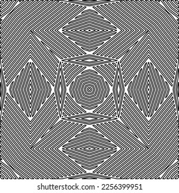 Stylish texture with figures from lines.
Abstract geometric black and white pattern for web page, textures, card, poster, fabric, textile. Monochrome graphic repeating design. 