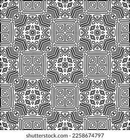 Stylish texture with figures from lines.
Abstract geometric black and white pattern for web page, textures, card, poster, fabric, textile. Monochrome graphic repeating design. 