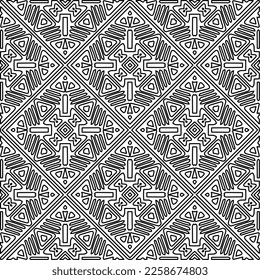 Stilvolle Textur mit Figuren aus Linien.
Abstraktes geometrisches Schwarz-Weiß-Muster für Webseiten, Texturen, Karten, Plakate, Gewebe, Textilien. Monochrome grafische Wiederholungsdesign. 