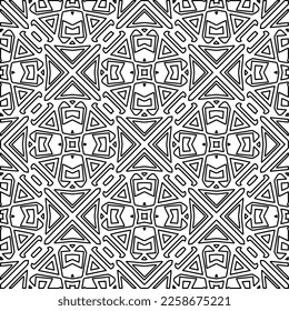 Stilvolle Textur mit Figuren aus Linien.
Abstraktes geometrisches Schwarz-Weiß-Muster für Webseiten, Texturen, Karten, Plakate, Gewebe, Textilien. Monochrome grafische Wiederholungsdesign. 