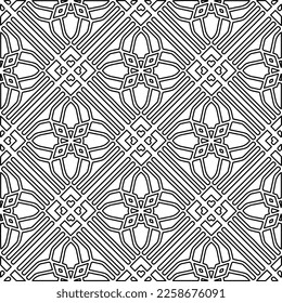 Stilvolle Textur mit Figuren aus Linien.
Abstraktes geometrisches Schwarz-Weiß-Muster für Webseiten, Texturen, Karten, Plakate, Gewebe, Textilien. Monochrome grafische Wiederholungsdesign. 