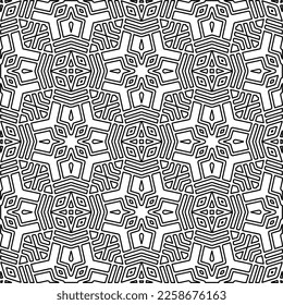 Stylish texture with figures from lines.
Abstract geometric black and white pattern for web page, textures, card, poster, fabric, textile. Monochrome graphic repeating design. 
